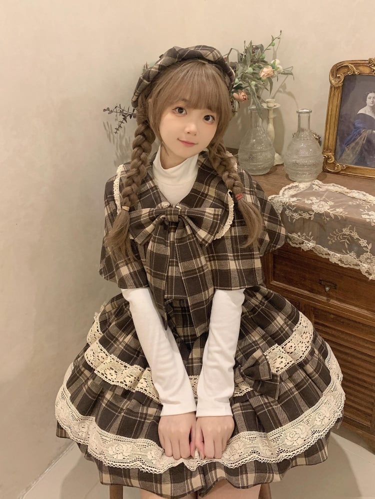 Brown Plaid Pattern Little Detective Jumper Skirt + Cape + Beret - Sukuroi