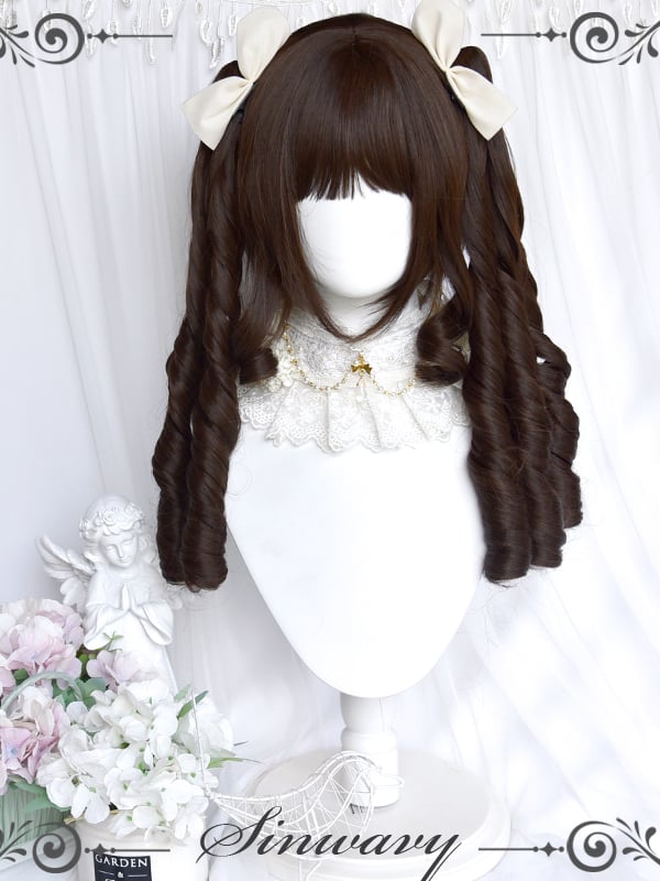 Dark Brown Short Straight Synthetic Wig with Curls Double Ponytail Clips