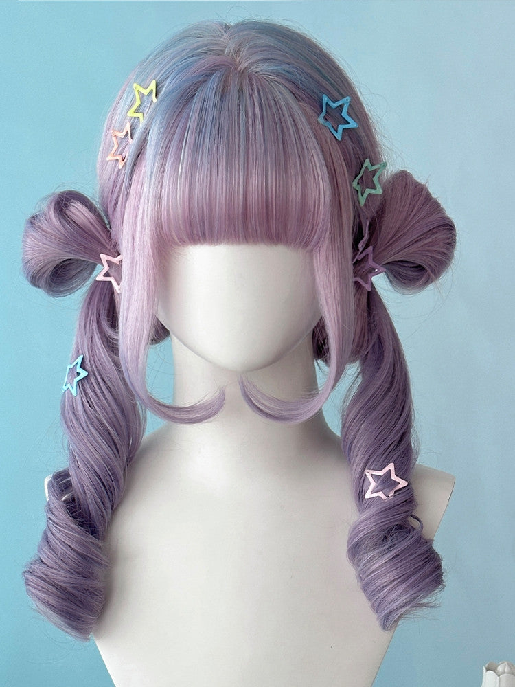 Blue and Purple Ombre Wavy Synthetic Wig with Bangs and Two Claw Clips