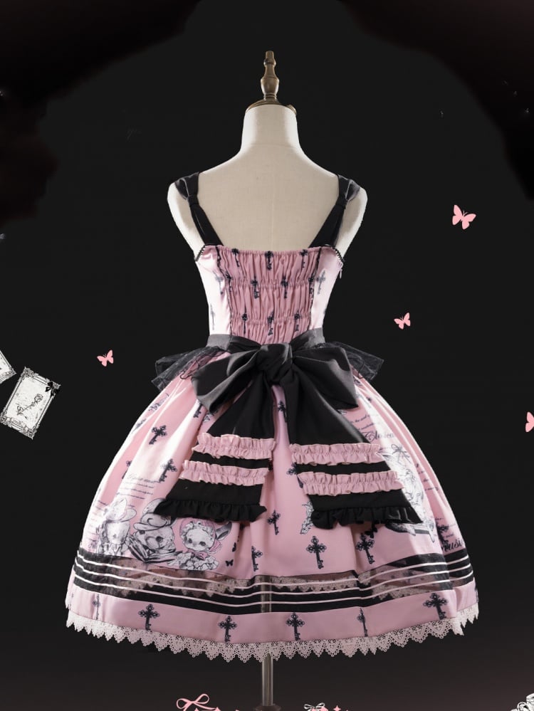 Black and Pink Sweet Bunny Print Jumper Skirt with Detachable Apron - Sukuroi