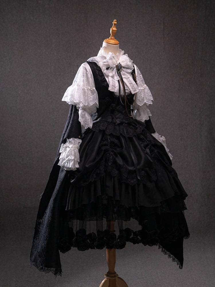 Black and White Drawstring Ruffle Hem One Piece + Corset Belt + Waistcoat