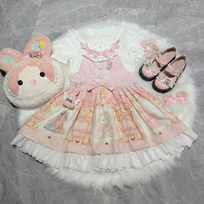 White Peter Pan Collar Shirt / Pink Teddy High Waist Overalls