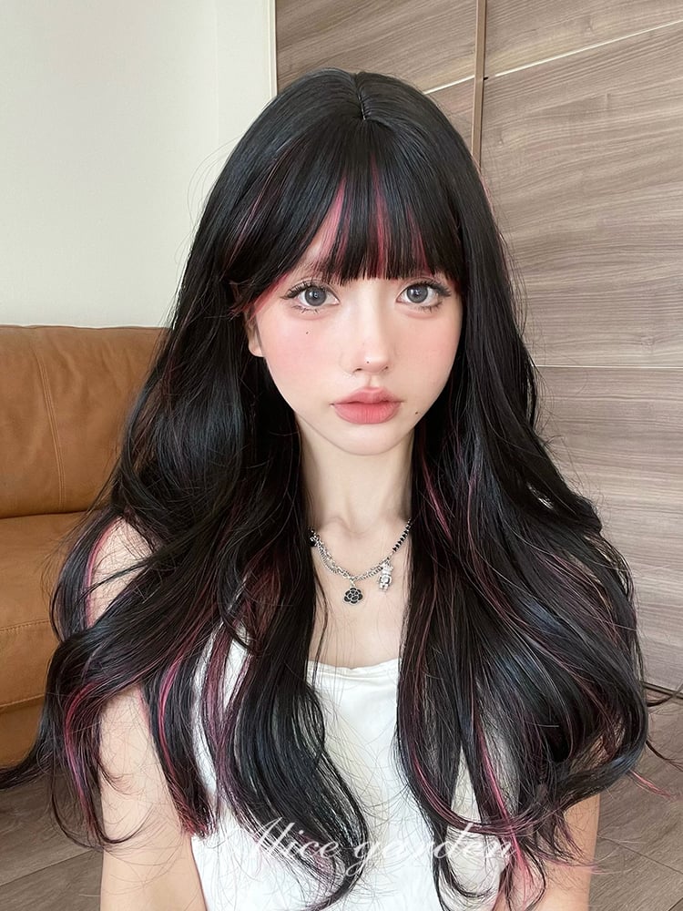 Rose Red Highlight and Black Long Wavy Synthetic Wig