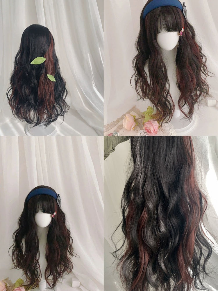 Highlight Hair Color Black and Wine Red Long Wavy Synthetic Wig