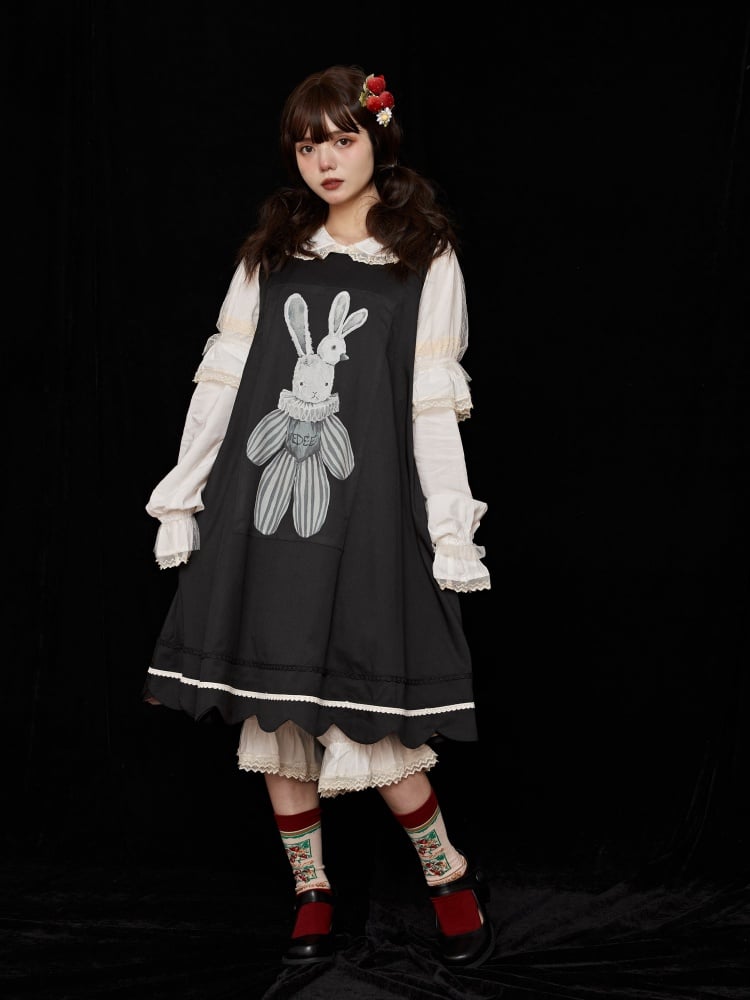 Black Bunny and Cake Print Reversible Daily Jumper Skirt - Sukuroi