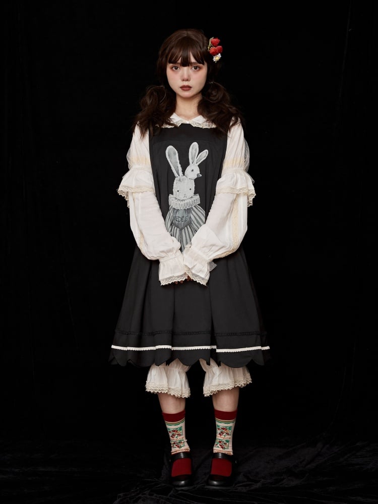 Black Bunny and Cake Print Reversible Daily Jumper Skirt - Sukuroi