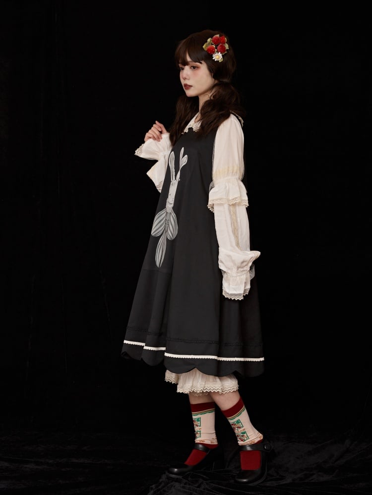 Black Bunny and Cake Print Reversible Daily Jumper Skirt - Sukuroi