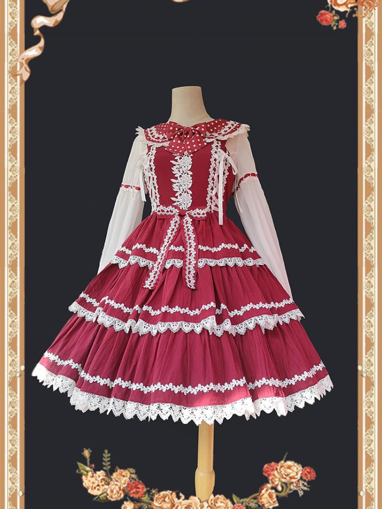Red Cake Tree Tiered Flounce Skirt with White Lace Trim