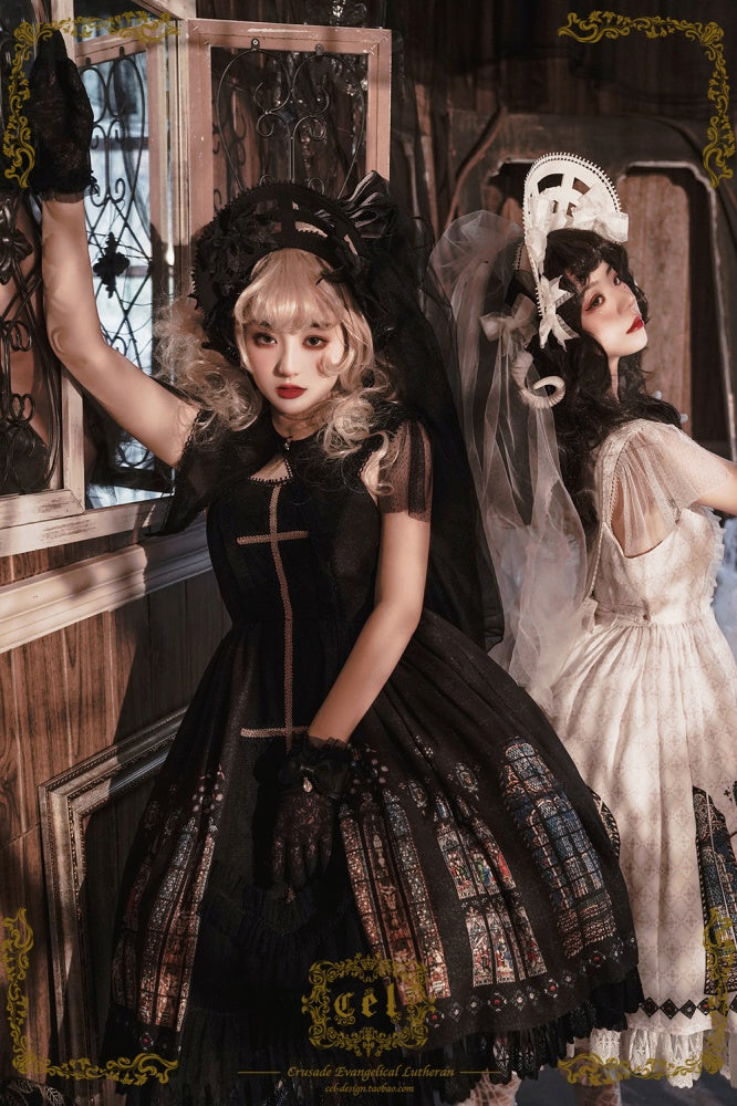 Two models gothic dresses stained glass design
