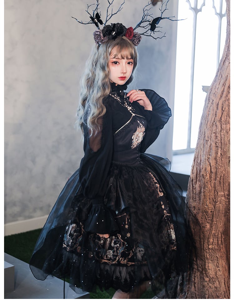 Gothic Print Halt Neck Lolita Dress Full Set