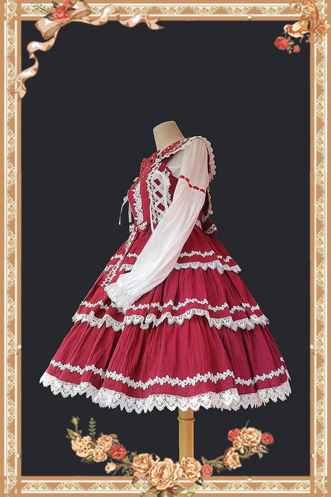 Side View of Red Cake Tree Tiered Flounce Skirt with White Lace