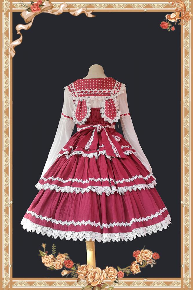 Back View of Red Cake Tree Tiered Flounce Skirt with White Lace