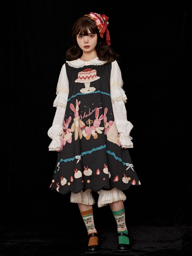Black Bunny and Cake Print Reversible Daily Jumper Skirt - Sukuroi