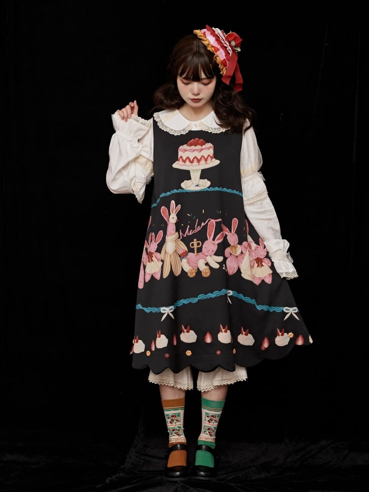 Black Bunny and Cake Print Reversible Daily Jumper Skirt - Sukuroi