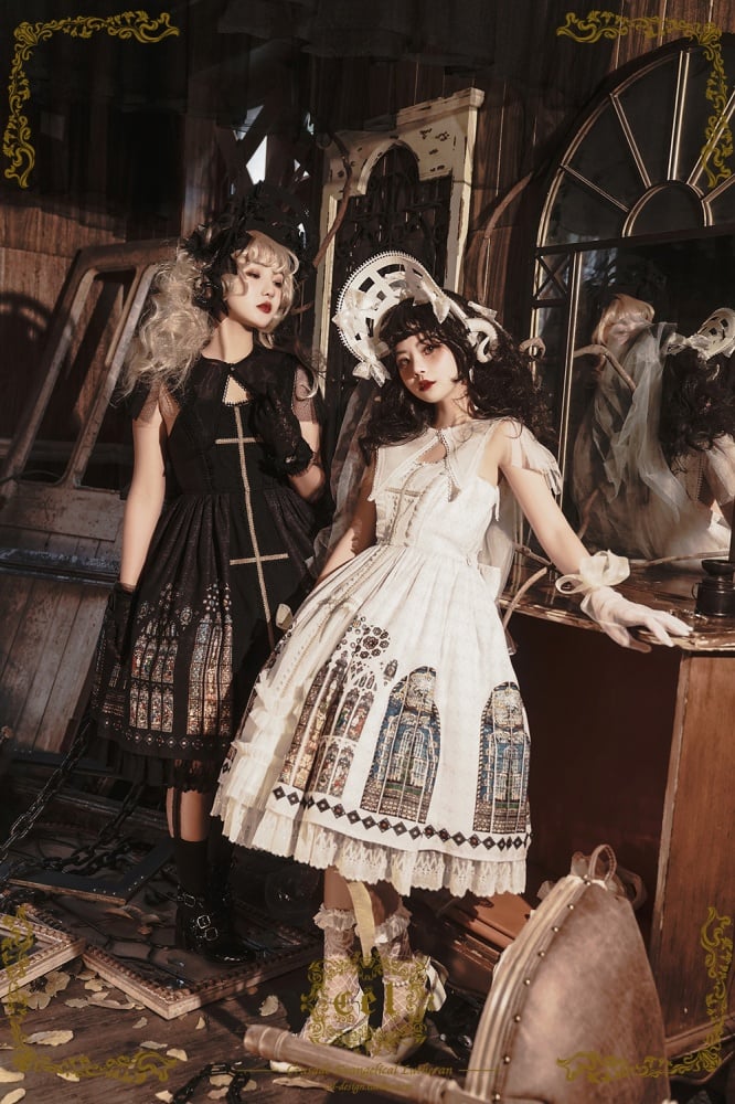Models in black and white dresses with lace and stained glass detailing