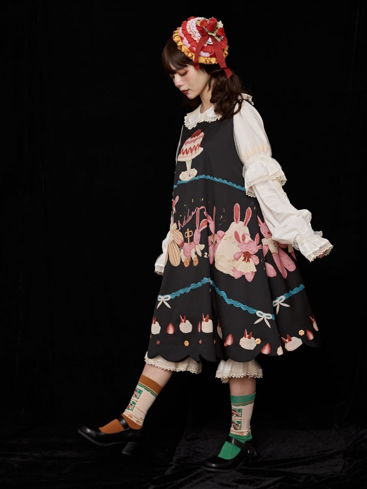 Black Bunny and Cake Print Reversible Daily Jumper Skirt - Sukuroi