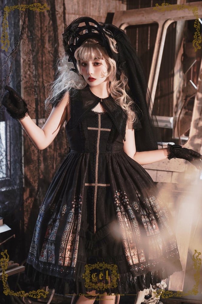 Model in black gothic dress stained glass design lace details
