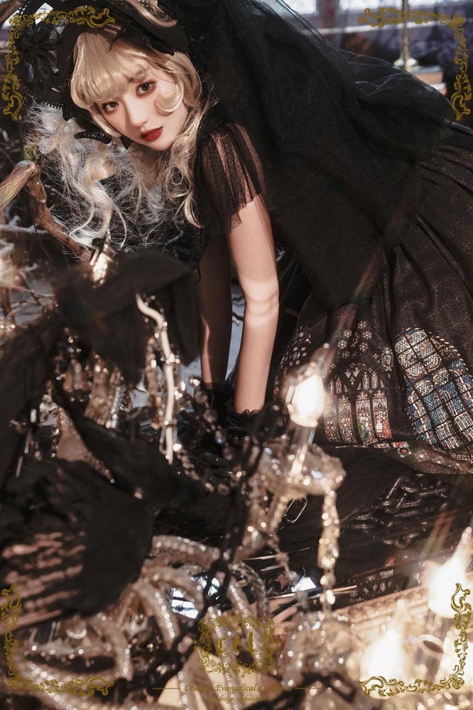 Model wearing black gothic dress