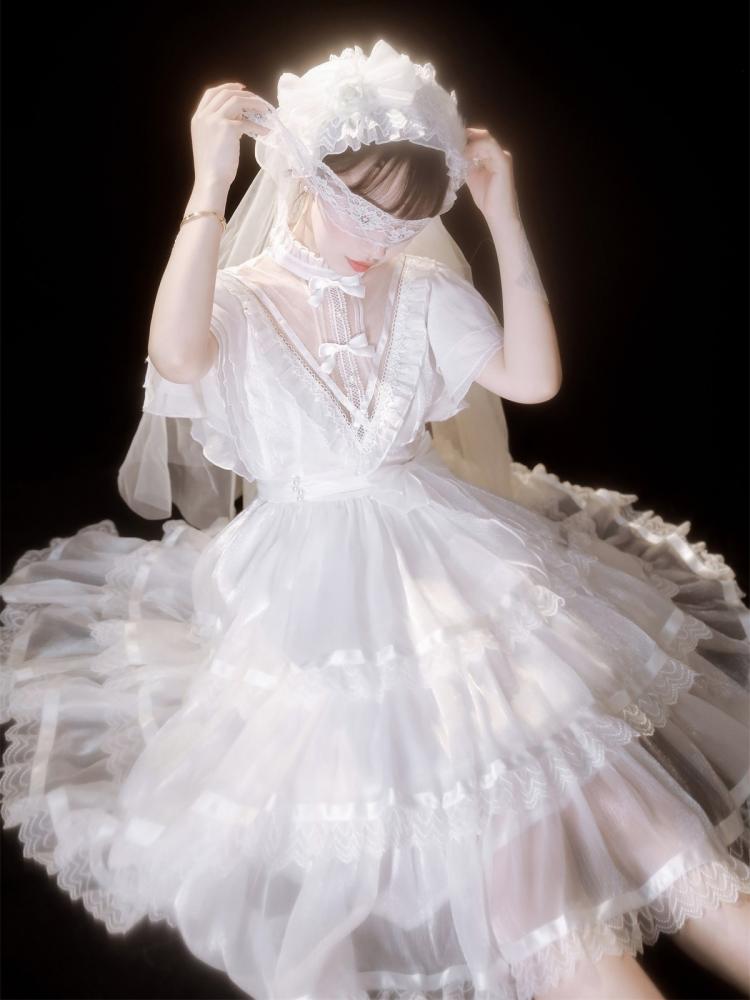 Dawn Night Banquet White Illusion Neckline Flounce Sleeves Tiered Skirt and Ruffle Trim Short Sleeves Lolita OP