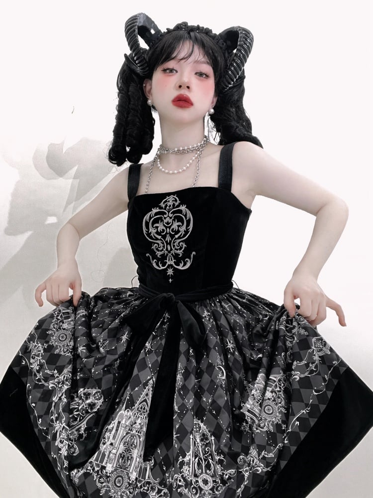 Black Velvet Bodice Check Pattern Gothic Jumper Skirt