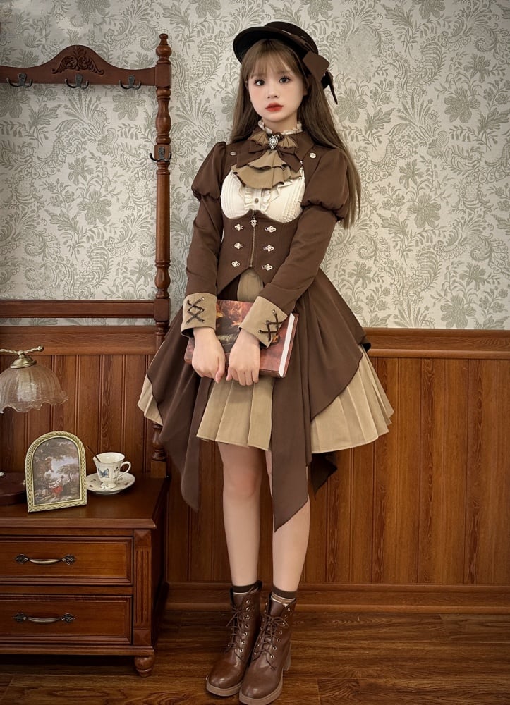 Dark Academia Brown Autumn Dress Pleated Skirt Corset Waist Beige Long Sleeves Bodice