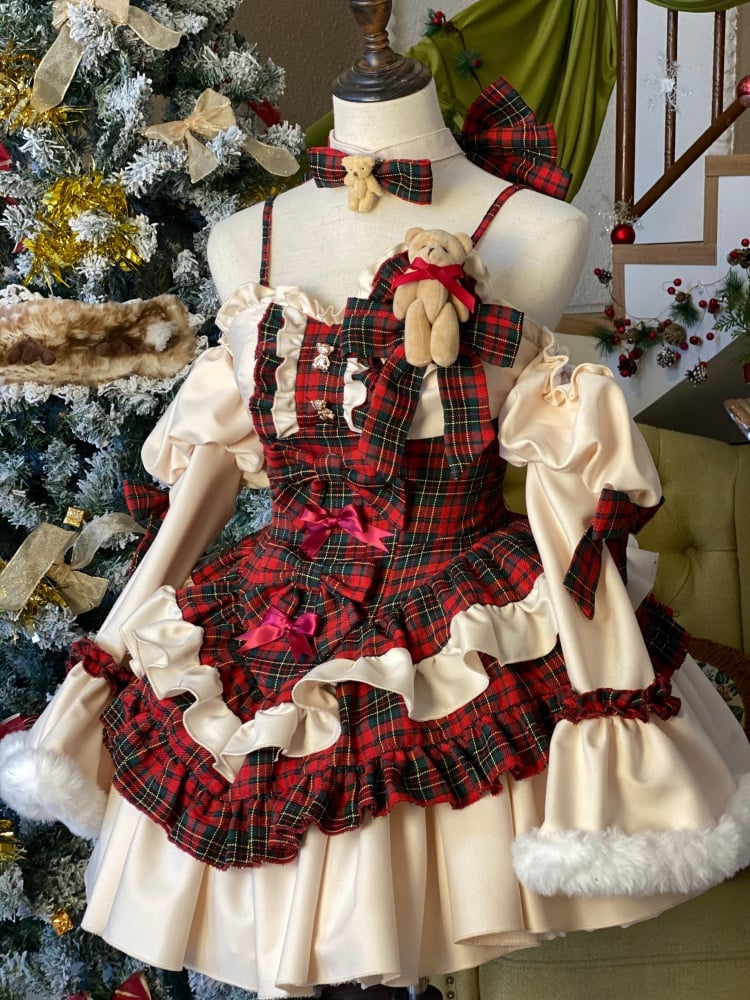 Christmas Red Plaid Pattern Teddy Theme Strapless Dress + Sleeves