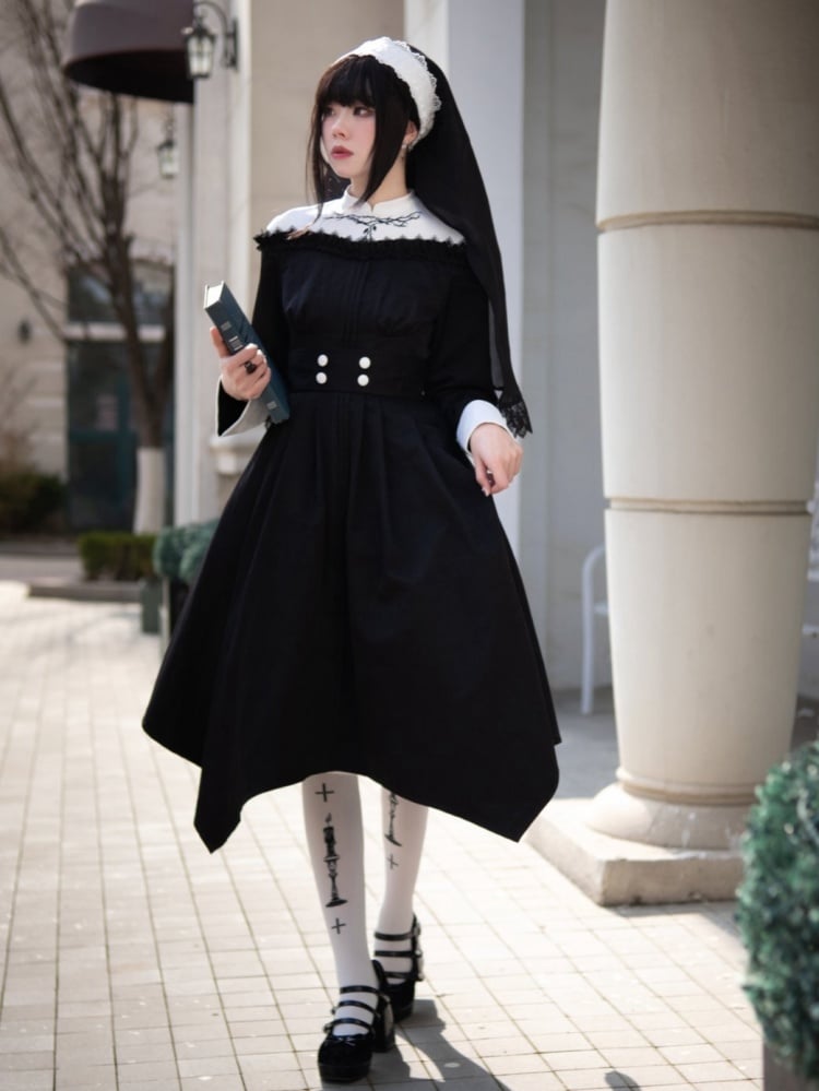 Embroidery Banded Collar Black and White Nun One Piece