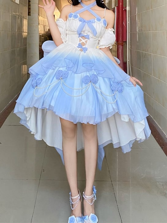 Clearance-Size L for Bust 90-98CM Fairy Blue Princess Dress Prom Rose Details Ombre Jumper Skirt - Sukuroi