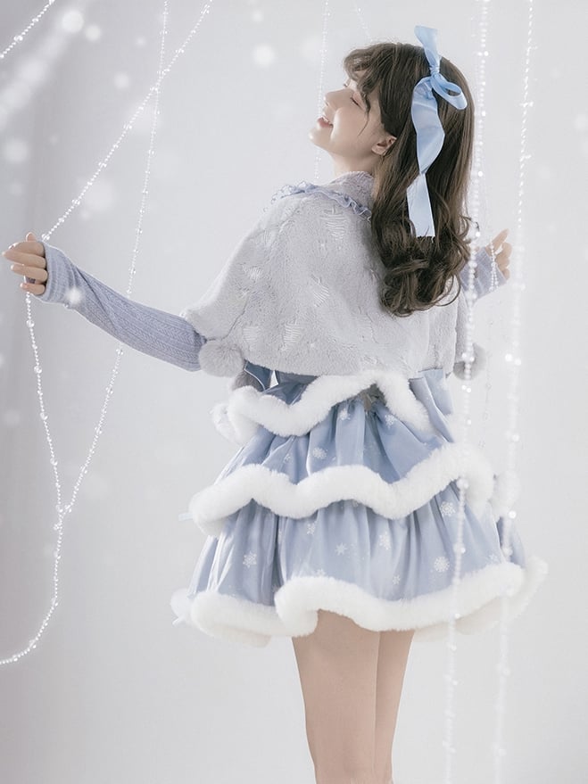 Blue Snowflake Print White Plush Trim Tiered Jumper Skirt - Sukuroi