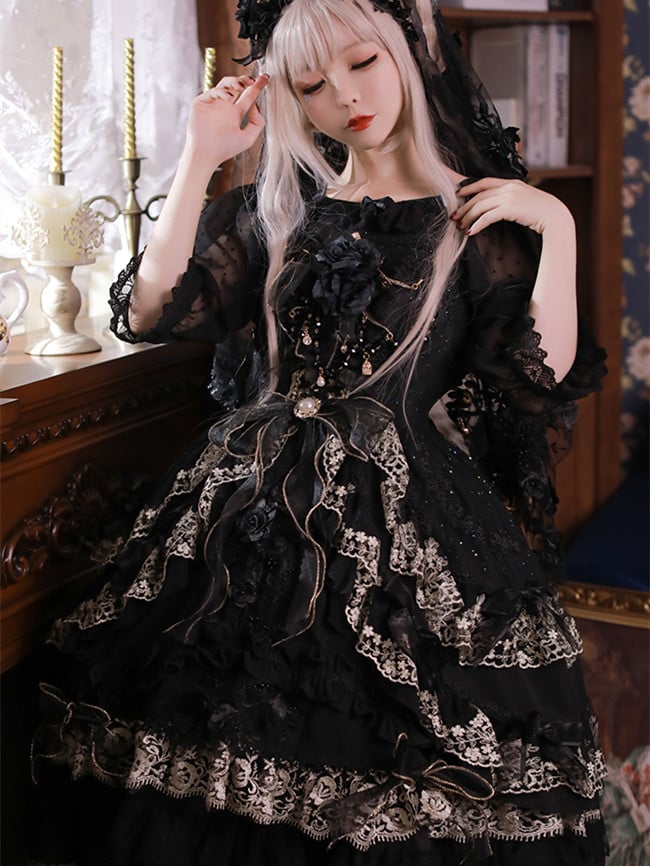 Clearance-Size L for Bust 90-100CM Black Morning Dew Tea Party Dress Jumper Skirt - Sukuroi