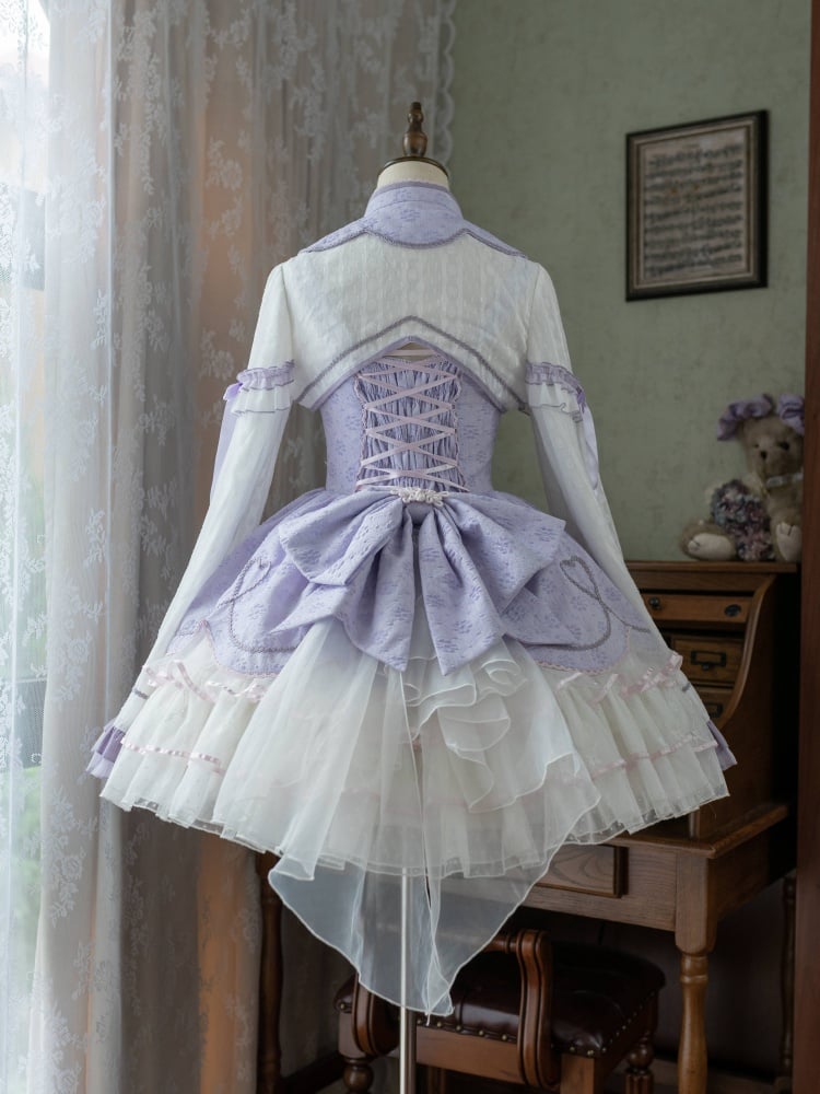 Clearance-Size L for Bust 88-98CM White and Purple Knot Button Jumper Skirt Full Set - Sukuroi