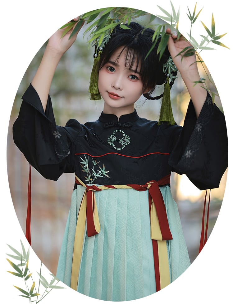 Cheongsam Collar Bamboo Embroidery Han Pleated Dress Green and Black