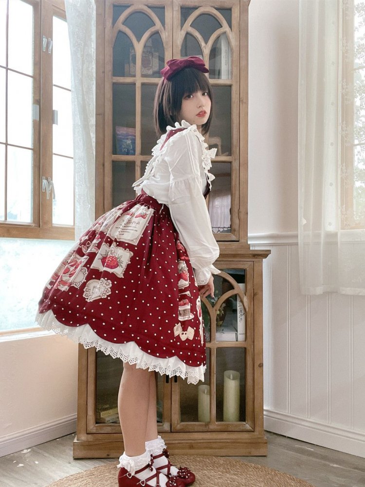 Red Bunny's Strawberry Invitation Detachable Bodice Lolita Polka-dot Pattern Overall Dress