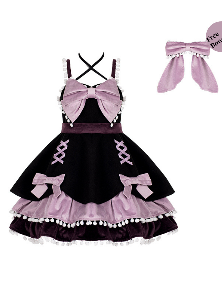 Pompom Trim Tiered Flounce Skirt Bowknot Sweet Winter Lolita Dress