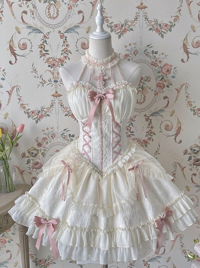 Cross Belle Halter Neckline Slim Bodice Short Skirt Lolita Dress Ivory Jumper Skirt