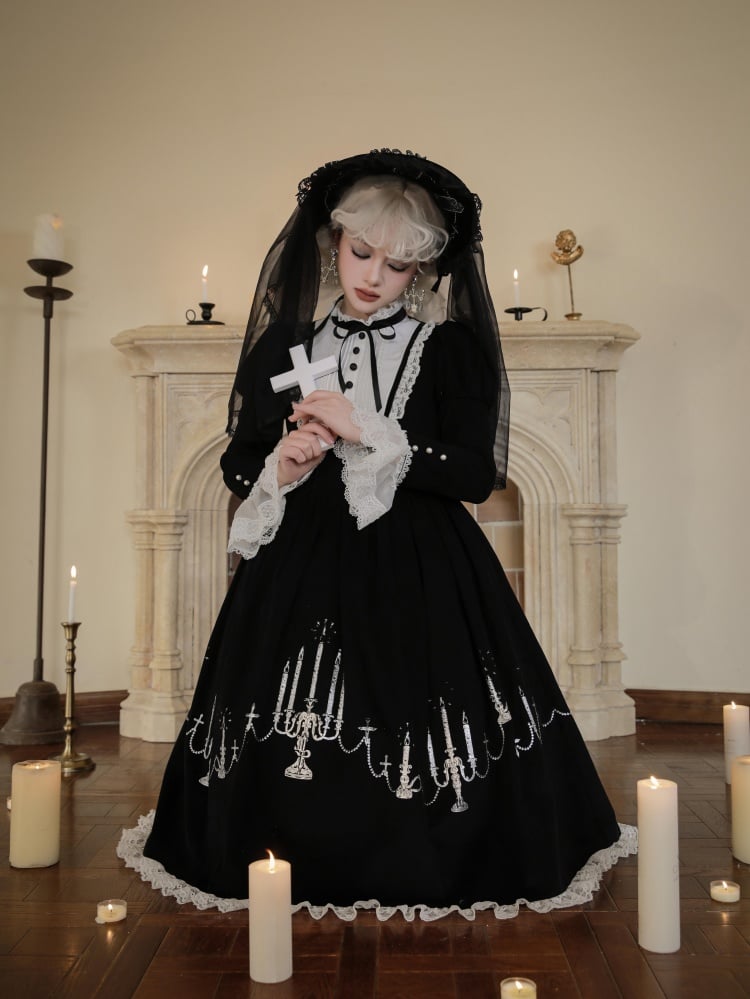 Cross and Candlestick Embroidery Black and White Gothic One Piece - Sukuroi