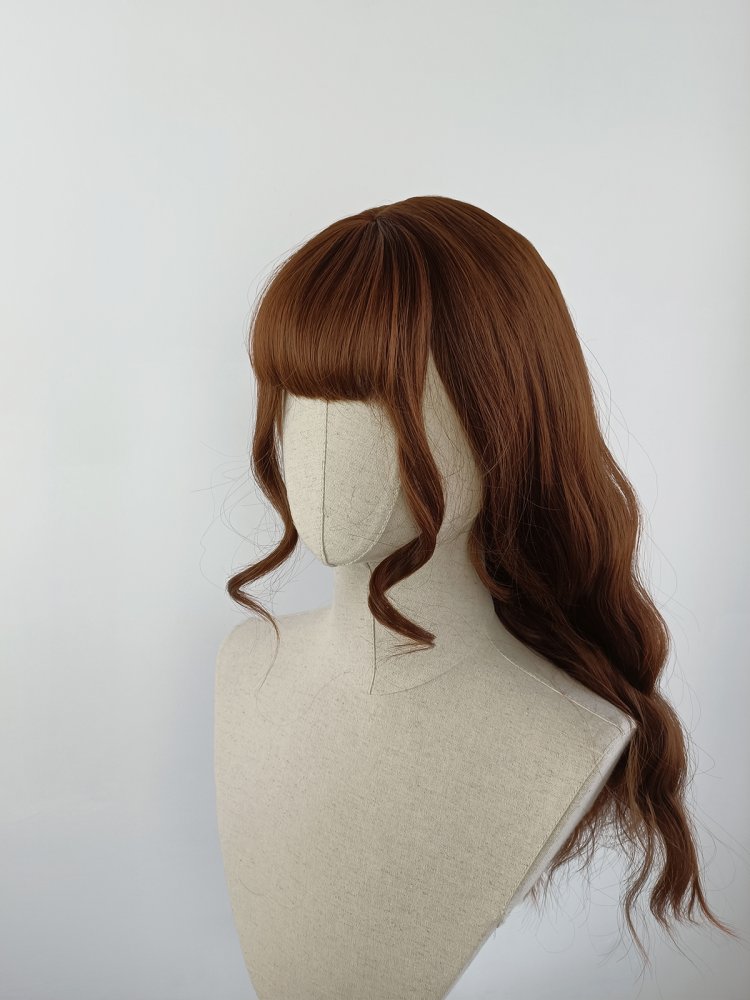 Orange Brown Long Wavy Synthetic Wig With Bangs