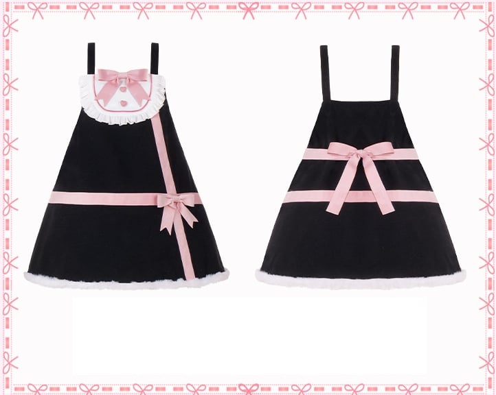 Black and Pink Sweet Bowknot Winter Jumper Skirt Plush Hemline