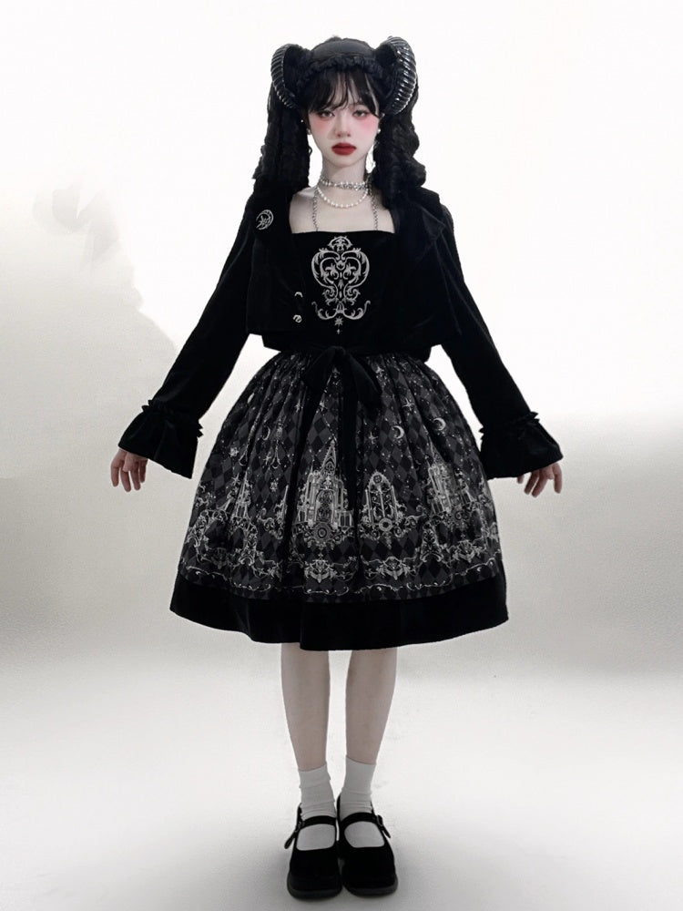 Black Velvet Bodice Check Pattern Gothic Jumper Skirt