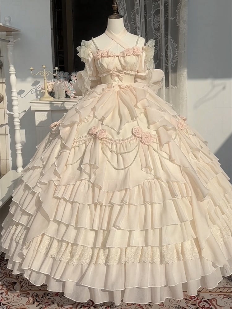 Beige Fairy Gorgeous Hime Lolita Quinceanera Dress Full Set - Sukuroi