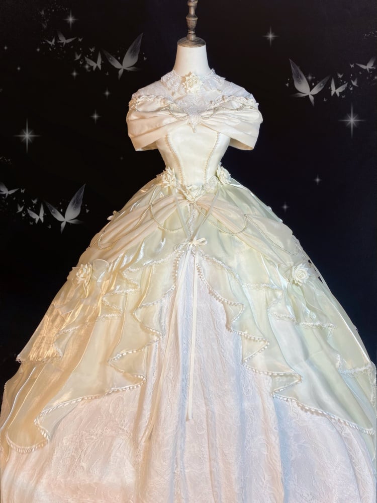 Belle Ivory Princess Dress Roses Floor Length Ball Gown Hanayome Dress