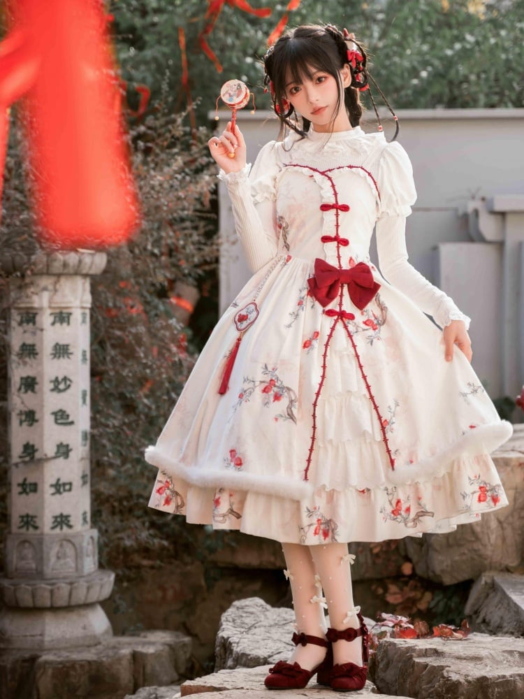 Pomegranate Print White and Red Knot Buttons Jumper Skirt