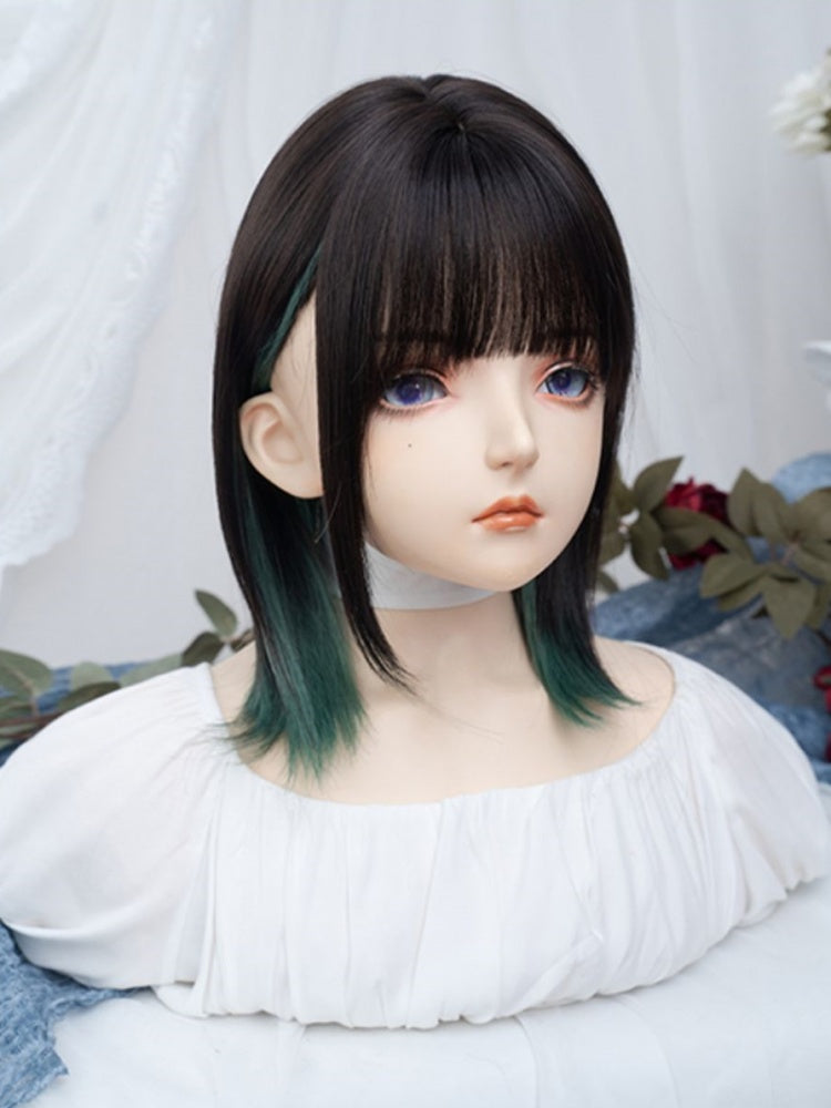 Dip Dyed Green Shoulder Length Black Synthetic Wig