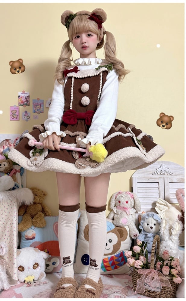 Christmas Teddy and Bunny Brown Overalls Sweet Winter Dress