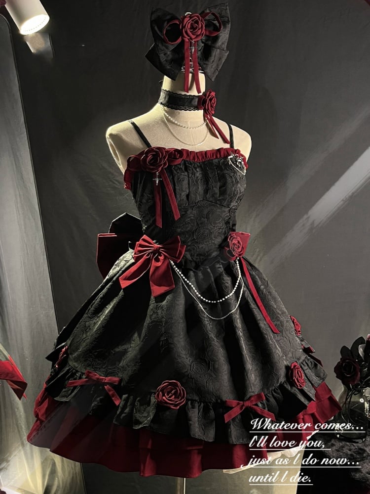 Black and Dark Red Gothic Rosette Dress Basque Waist Jumper Skirt