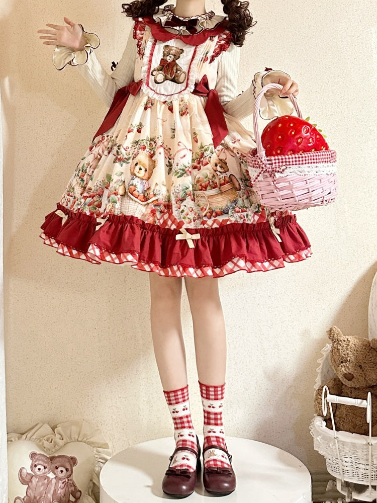 Bear Embroidery and Strawberry Print Red Sweet Jumper Skirt