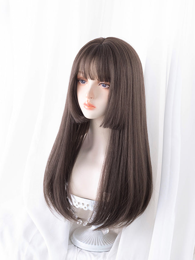 Hime Cut Dark Brown Long Straight Synthetic Wig