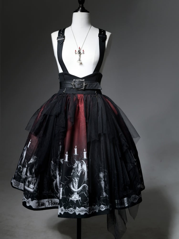 Dragon's Breath Black and Red Dragon and Candle Print Gothic Skirt with Straps - Sukuroi