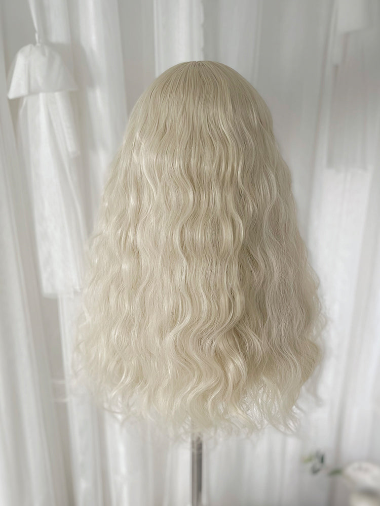 White Wavy Synthetic Wig with Curly Bangs