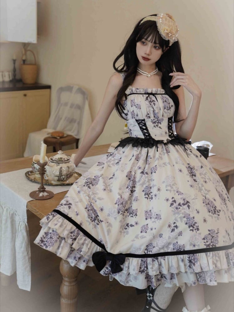 Elegant Rosette Print Beige and Black Basque Waist Jumper Skirt